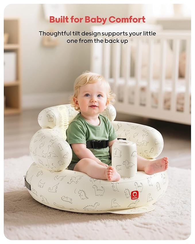 QPAU Inflatable Baby Seat with Safety Harness for Babies 3 Months & Up, Baby Floor Seats for Sitting Up, Baby Seats for Infants, Blow Up Baby Chair with Built in Air Pump (Dinosaur)