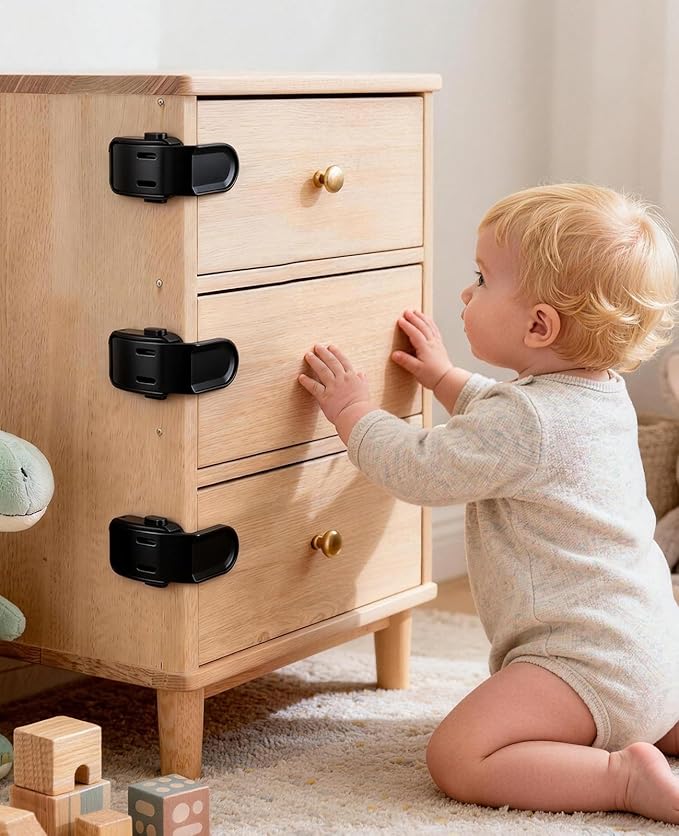 6 Pack Drawer Locks Black, Roctee Baby Proofing Lock for Right Angle Drawer Pull Out Thin Dresser Kitchen Cabinet Bedside Tables, Safety Latch Child Proofing 0-12 Month
