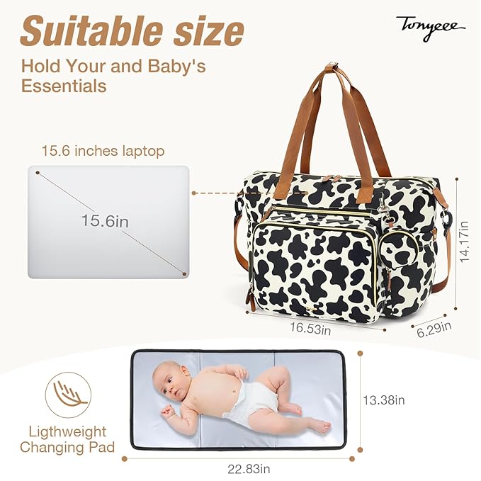 Tonyeee Diaper Bag Tote, Large Baby Diaper Bags for Travel, Hospital Bag for Labor Delivery with Pacifier Case, Changing Pad, Shoulder Strap, Cow Print