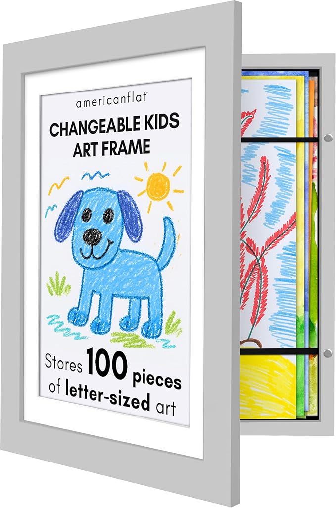 Americanflat Kids Artwork Frame Changeable (Gray) - Magnetic Door Holds 100 Art Pieces - 8.5x11 Letter Size Display with Mat or 10x12.5 Without Mat - My Mini Masterpiece