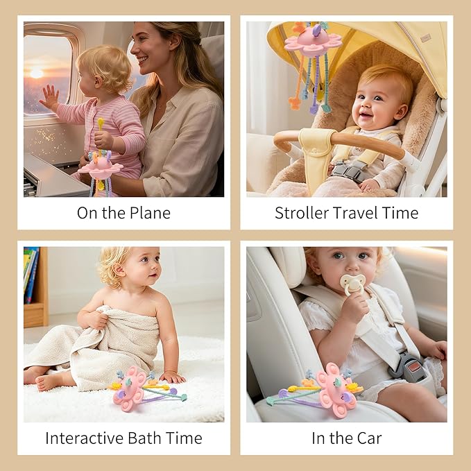Little Rawr Silicone Baby Sensory Montessori Toys & Pull String Toys for 18 M+, Toddler Birthday Gift Car Seat Airplane Travel Toy for 1 2 Year Old Boy Girl Infant 18 Months Old (Pink)