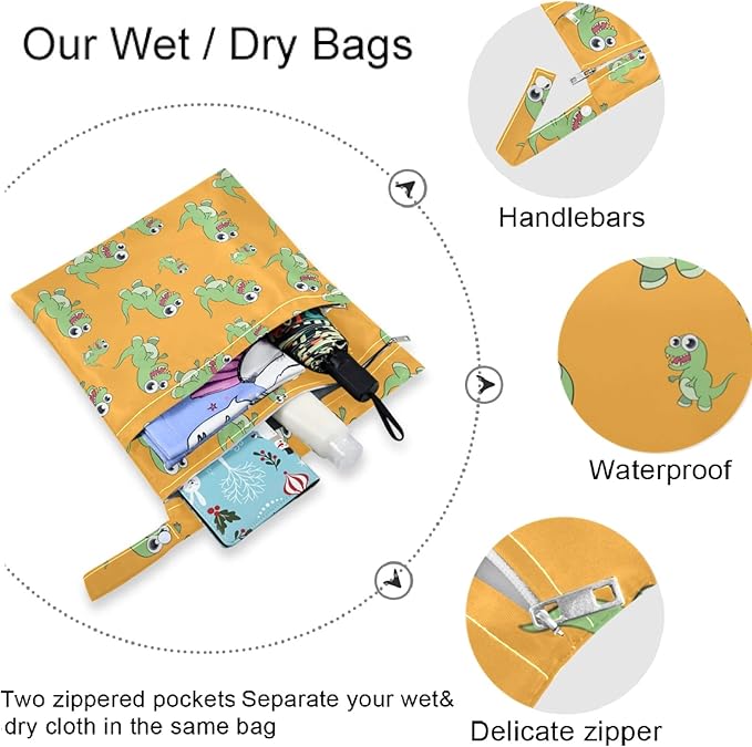 visesunny Funny Cartoon Dinosaur 2Pcs Wet Bag with Zippered Pockets Washable Reusable Roomy for Travel,Beach,Pool,Daycare,Stroller,Diapers,Dirty Gym Clothes, Wet Swimsuits, Toiletries