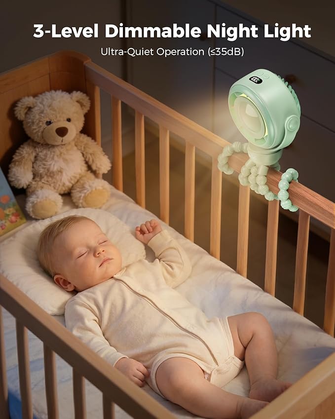 SWEETFULL Baby Stroller Fan - 4000mAh Rechargeable 4-Speed Quiet with LED Display & Night Light, Mini Portable 360° Clip On Safe Fan for Car Seat, Crib, Travel - Green