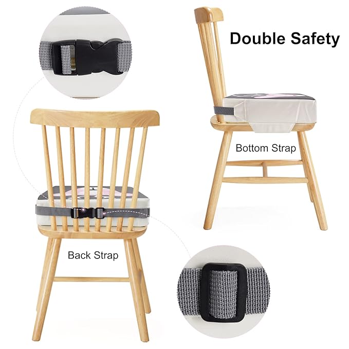 Dining Chair Heightening Cushion Portable Dismountable Adjustable Highchair Booster for Baby Toddler Kids Infant Washable Thick Chair Seat Pad Mat (Grey+Pink Deer)