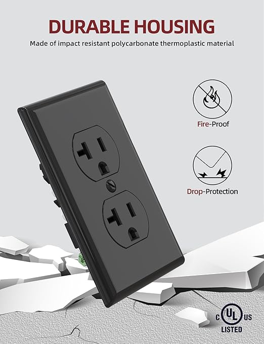 AIDA 20 Amps Outlets Duplex Electrical Receptacle Outlets, Electrical Outlet, 20Amp 125V Heavy-Duty,Wall Plate Included,Residential, 3-Wire, Self-Grounding, UL Listed, Side Wire (10 Pack, Black)