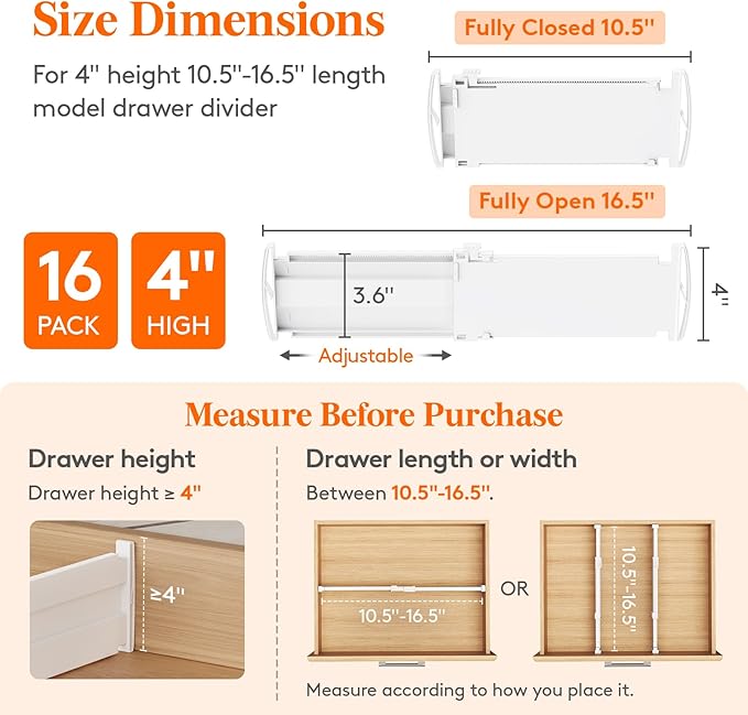 Lifewit 4" High 16 Pack Drawer Dividers, 10.5-16.5" Drawer Divider for Clothes, Adjustable Dresser Drawer Organizers, Plastic Drawers Separators for Clothes, Bedroom, Bathroom, Kitchen, Closet