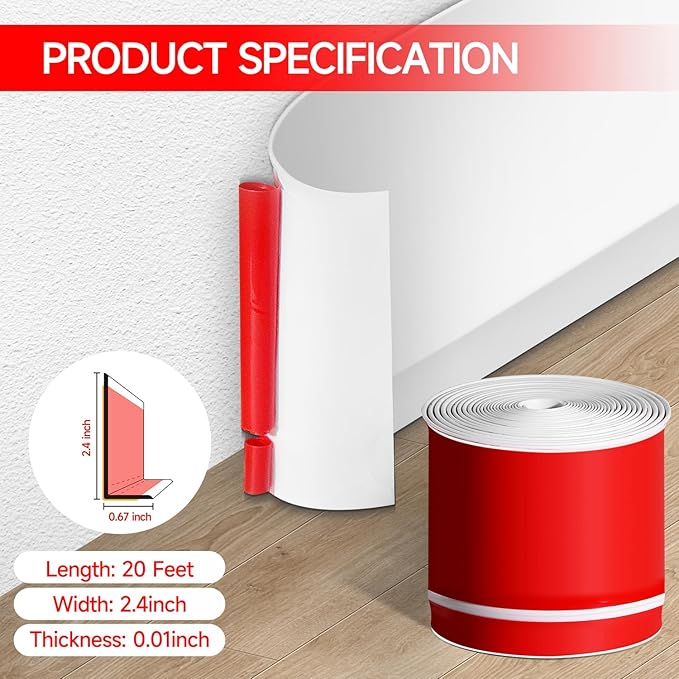 Flexible Baseboard Molding Trim 3 Inch(W) x 20 Feet(L) Self Adhesive Vinyl Wall Base Peel and Stick Cove Base,Rubber Wall Base. (White)