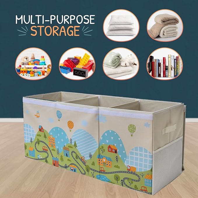 SoftOwl Extra Large Toy Storage Organizer with Lid - Sturdy, Collapsible Toy Chest Storage Box with Cute Design - Toys Bin with Dividers for Kids, Boys, Girls, Nursery, Bedroom, Play room 37"x16"x14"