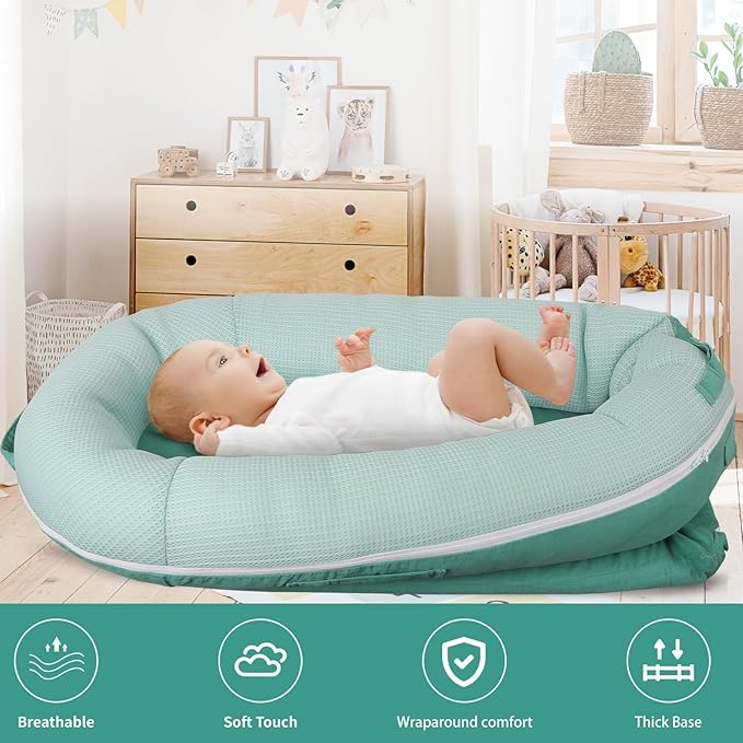 Baby Lounger, Deluxe Infant Lounger, Baby Nest Cover for Baby, Breathable Cotton, Newborn Essentials for Baby 0-12 Months (Greener)