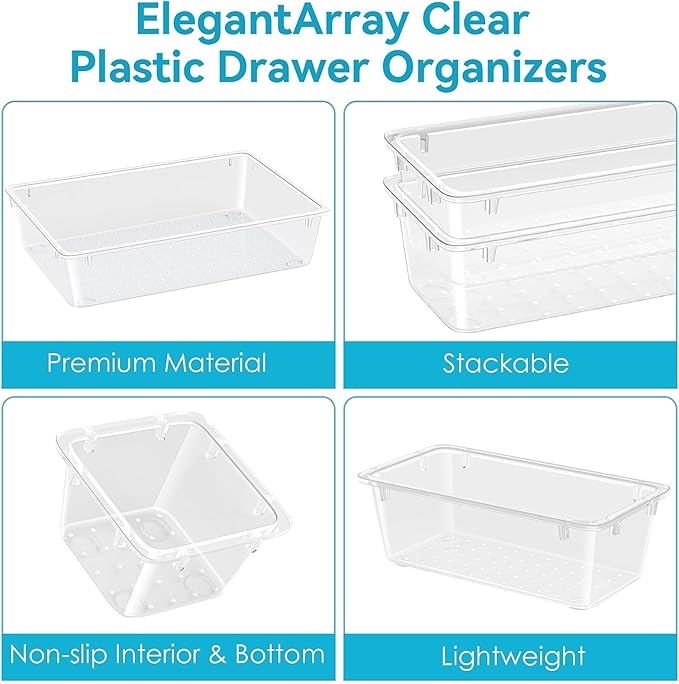 24 PCS Drawer Organizer Set, 4 Sizes Tool Storage Trays, Clear Plastic Makeup Vanity Organizer and Storage Bins for Makeup, Stationeries, Multiple Gadgets for Bathroom, Office, Bedroom