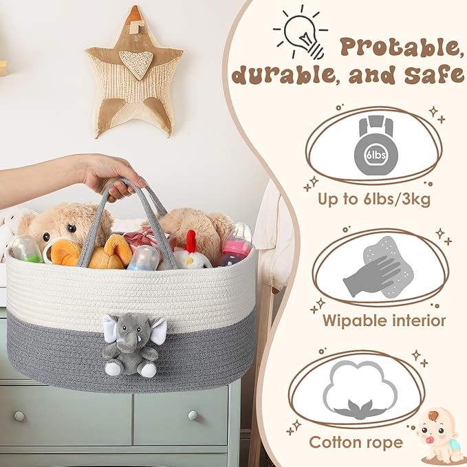 Elephant Diaper Caddy Organizer Elephant Cart Storage for Nursery with Handle Baby Shower Basket Gift Baby Bath Caddy for Diapers Wipes Basket for Nursery(X-Large)