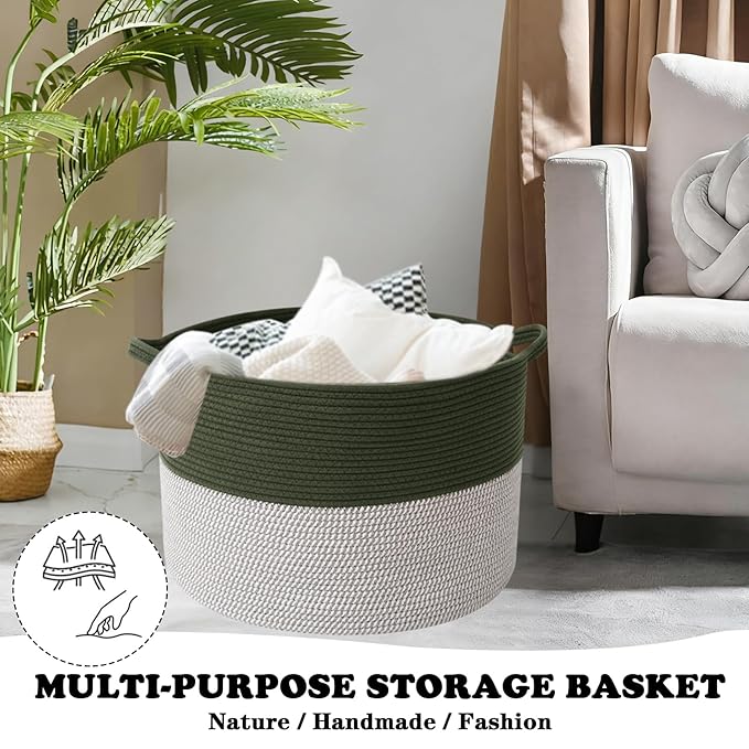 Large Storage Basket with Handle,23.6" x 23.6" x 15.7" Blanket Basket Storage Bins for Organizing,115L Cotton Rope Woven Baskets for Living Room, Nursery,Bedroom,Green&White
