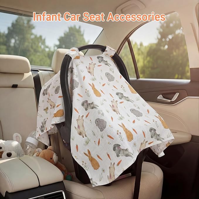 Metplus Car Seat Cover Baby, 100% Muslin Cotton Infant Carseat Covers for Boys and Girls, Lightweight Breathable Canopy, Summer Stroller Sun Shade, Newborn Travel Essentials(Rabbit)