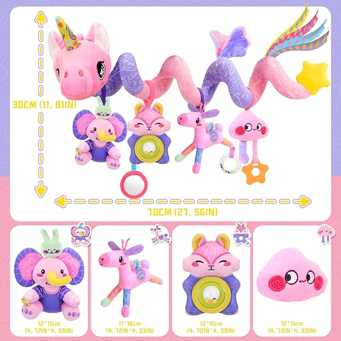 Musical Car Seat Toy for Babies 0-12 Months Girl, 5-in-1 Sensory Activity Hanging Toy Stroller Toy with Soothing Music, Rattle, Mirror for Newborn Infants Essential Gifts, Unicorn