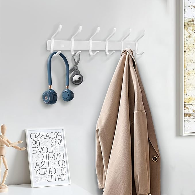 HAMUTH White Wall Hooks Heavy Duty, 17 Inch Coat Hooks Wall Mount with 6 Hooks, Wall Hooks Hangers for Entryway, Bathroom - for Hanging Backpack, Bag, Coat, Purse, Hat, Towel, Clothes