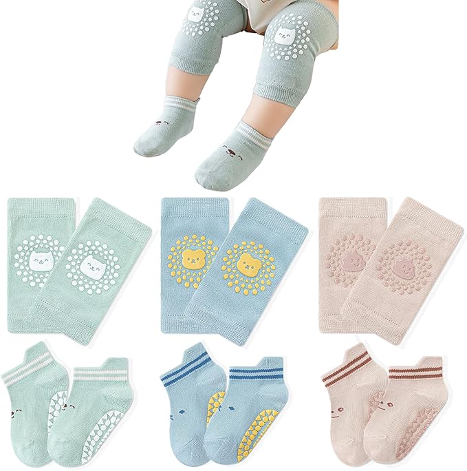 TFTSR Baby Knee Pads for Crawling (3 Pairs) and Baby Socks for Walking (3 Pairs), Walking Protector for Toddler Kid Girls Boy