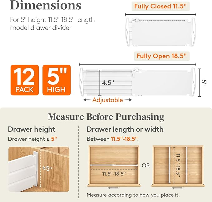 Lifewit 5" Tall 12 Pack Deep Drawer Dividers, 30 –47cm/11.5-18.5" Expandable Drawer Divider for Clothes, White Dresser Drawer Storage Organizers, Clothing Drawer Separators for Dresser Kitchen Bedroom