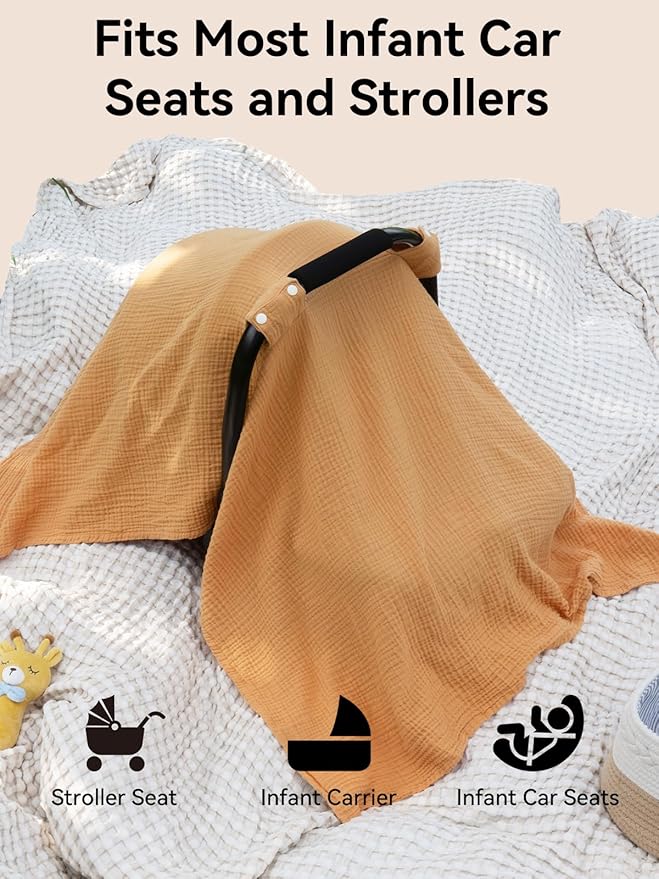 TILLYOU Baby Car Seat Cover, Breathable Muslin Cotton Infant Car Seat Cover, Lightweight Canopy with Sun and Bug Protection(Orange)