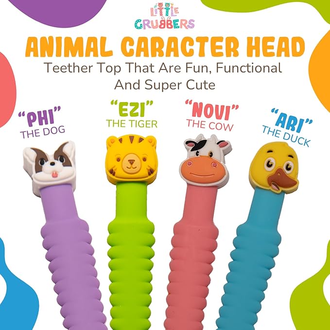 Little Grubbers 3-in-1 Silicone Baby Spoon Self Feeding 6+ Months - Pediatric OT Designed Teether Spoon, BPA Free Toddler Utensils, Mess-Free, Fun for Baby Led Weaning Supplies, Dog & Tiger