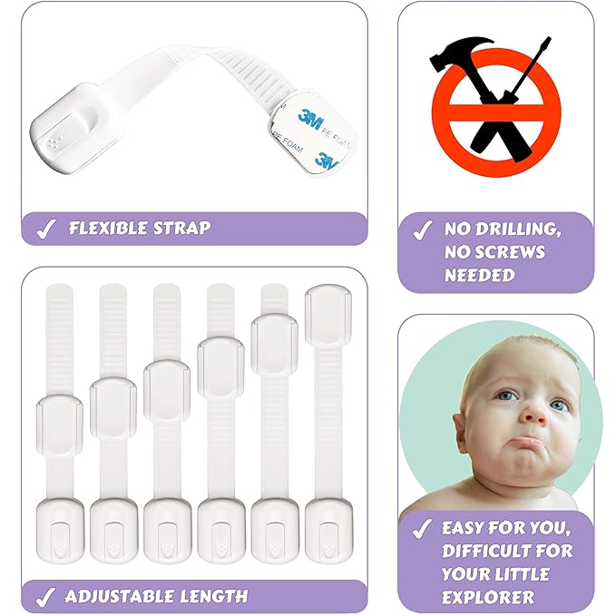 Baby Proofing Safety Cabinet Locks - Child Proof Latches for Dresser Drawer Cupboard Doors Closet Oven Refrigerator Fridge - Adjustable Childproof Straps by Oxlay - White - 6 Pcs