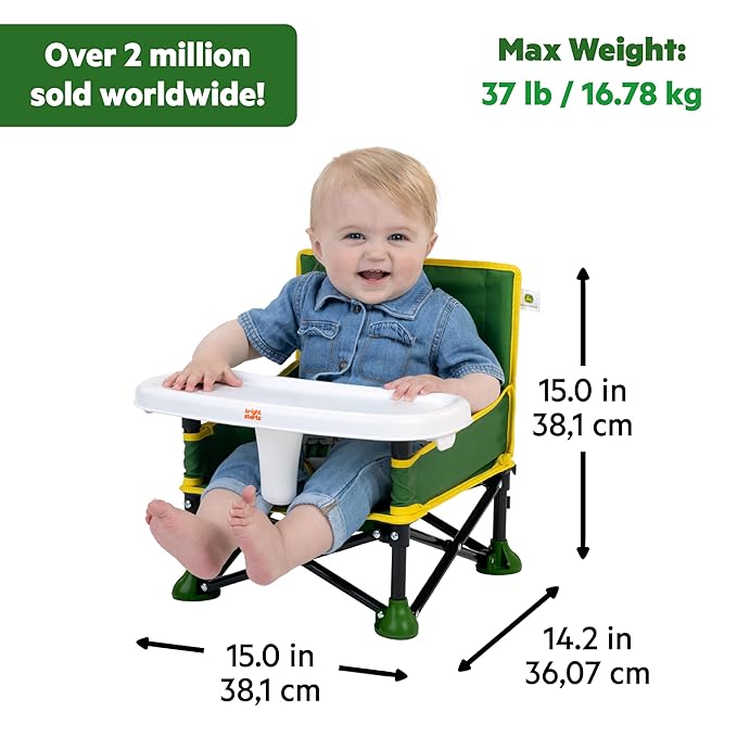Bright Starts John Deere Pop 'N Sit Portable Booster Chair, Floor Seat, Indoor/Outdoor Use, Compact Fold, Green and Yellow, 6 Mos - 3 Yrs