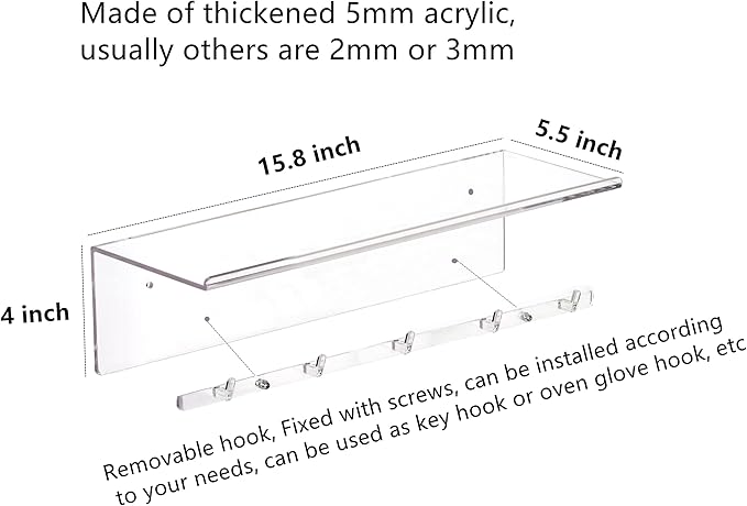 CY craft Clear Floating Shelves Display Ledge,2 PCS Decorative Wall Storage Shelves with Detachable Towel Hooks,Damage Free Adhesive Acrylic Wall Mounted Shelves for Bathroom,Kitchen,Bedroom or Office