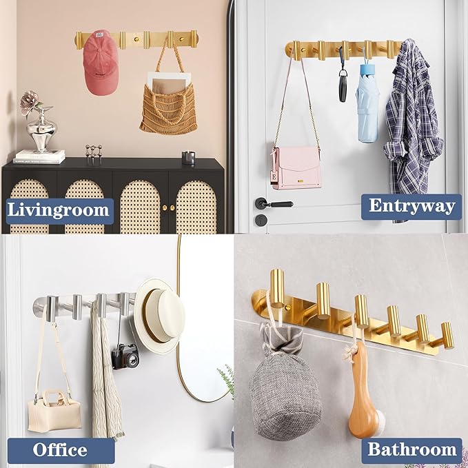 Coat Hook Rack, Wall Mounted Coat Rack with 6 Hooks, Heavy Duty Towel Hooks Rack Wall Hooks for Hanging Clothes Jacket Purse, Stainless Steel Coat Hanger for Bathroom Entryway Mudroom(Gold)