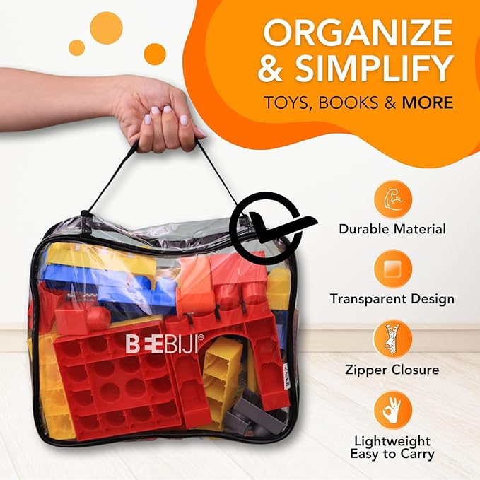 5-Pack Toy Storage Bags for Kids – Clear Organizer Pouch with Zippers & Labels – Large PVC Clear Storage Bags for Legos, Building Blocks & Board Games – Stackable Toy Organizers – 12"x 9.5"