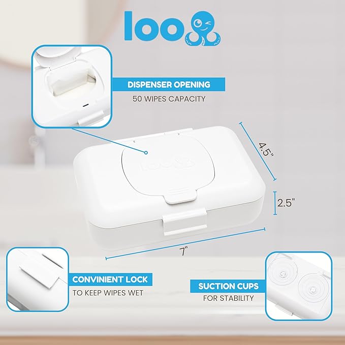 2-Pack Loo Discreet Flushable Wipes Dispenser – Fits Standard Size Flushable Wipes Only – No-Drill Suction Mount, Hygienic Low-Profile Holder for Bathroom & Toilet