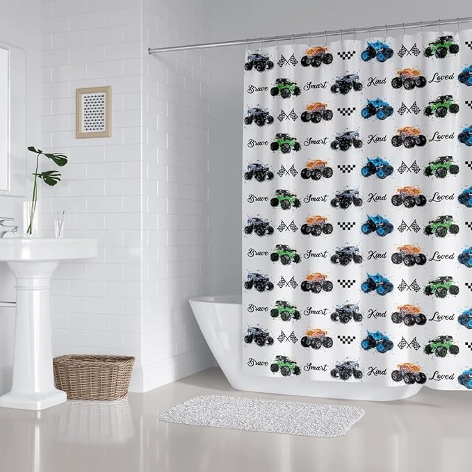 Kids Monster Truck Shower Curtain Cool Boys Cartoon Cars Inspirational Motivational Words Blue Green Orange Bathroom Decor Waterproof Fabric 72Lx72W inch with 12PCS Hooks