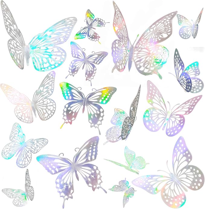 JOSDIOX 3D Laser Sivery Butterfly Wall Stickers - 48 Pcs with 4 Styles & 3 Sizes, Removable Decor for Party Birthday Wedding Cake Balloon Decoration (48 Laser Sivery)