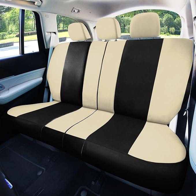 Automotive Seat Covers Beige Black Universal Fit Seat Cover Combo Set with Steering Wheel Cover and Seat Belt Pad (Airbag Compatible and Split Bench)
