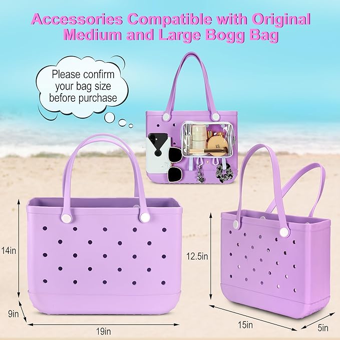 6PCS Compatible with Original Medium and Large Bogg Bag,Phone Holder for Inside and Outside of Bogg Bag Accessories,PVC Insert Bags,Hooks,and Keychain(White)