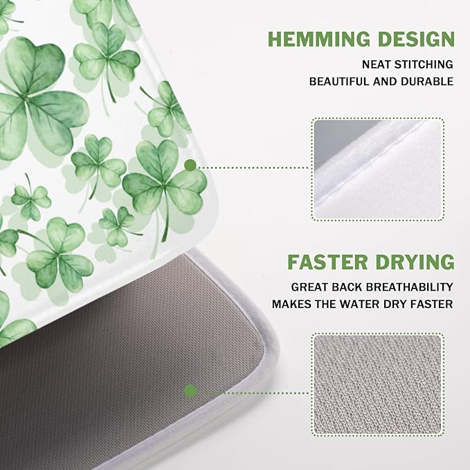 St Patrick's Day Dish Drying Mat for Kitchen Counter,Green Lucky Charm Shamrocks Drying Mat 16 x 18 Inch with High Absorbent Microfiber Drainer Mat for Coffee Bar