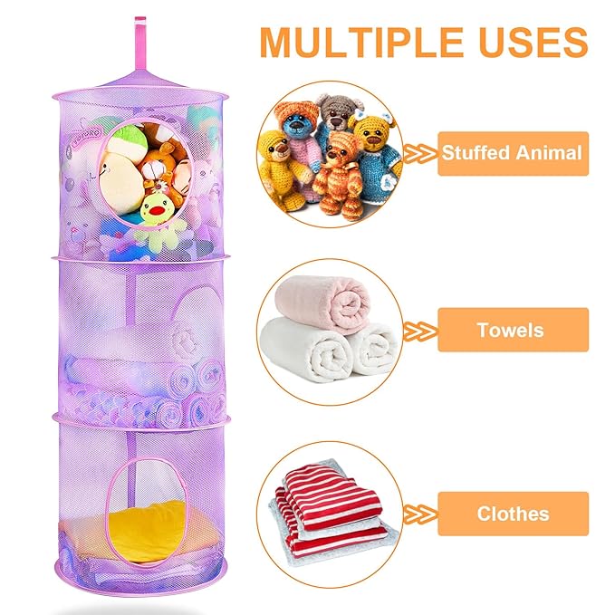Basumee Stuffed Animals Net or Hammock 2 Pcs Stuffed Animals Storage Toy Net Hammock for Plushies Storage Organizer Mesh Kids Girls Room Decor, Purple, 3 Tiers