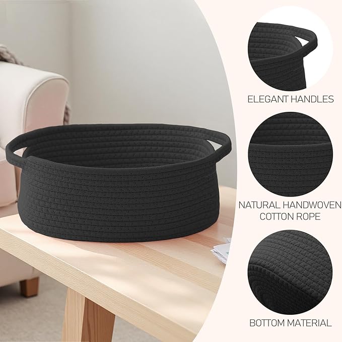 JMvicyroam Woven Basket,Small Rope Storage Bin with Handles & Ribbon Bag, Organizer for Shelves Closets,Gift Basket Empty for Birthday,Books,Dog Toys, Black/2 Pack