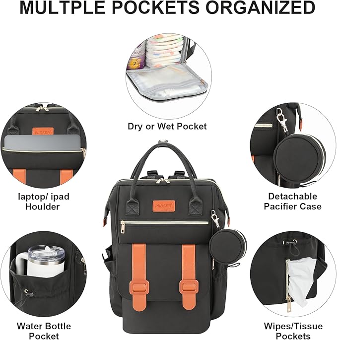 PIIOSER Diaper Bag Tote with Ice Pack, Large Capacity & Waterproof Bag Travel Backpack for Moms Dads, Insulated Insulated Baby Cooler Bag with Changing Pad, Stroller Straps & Pacifier Case, Black