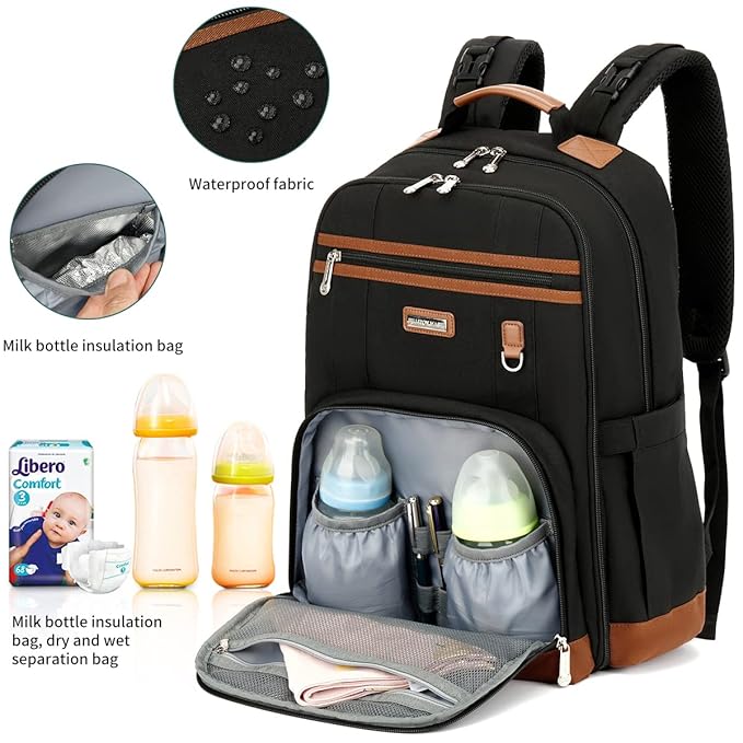BILLITON MASHI Diaper Bag Backpack, Large Baby Nappy Bags with Portable Changing Pad for Boys and GirlsMultifunction Travel Baby Bag for Moms Dads, Shower Gifts Waterproof and Stylish，Black