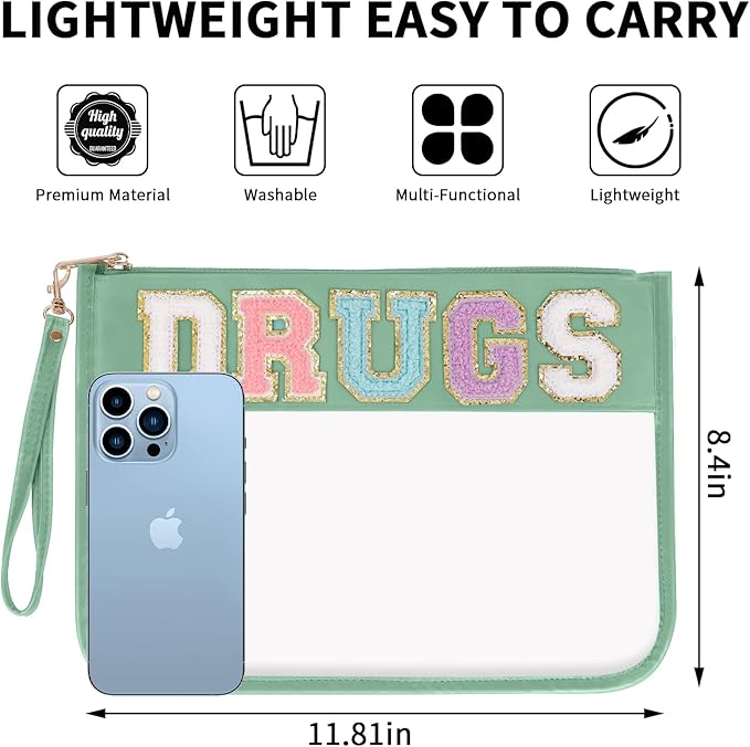 Iqimott Chenille Letter Clear Bag Drugs Pouch, Monogram PVC & PU Makeup Cosmetic Bag Zipper Toiletry Pouch, Waterproof Portable Purse Travel Beach Snack Wristlet Bags for Women Girls(Drugs,Green)