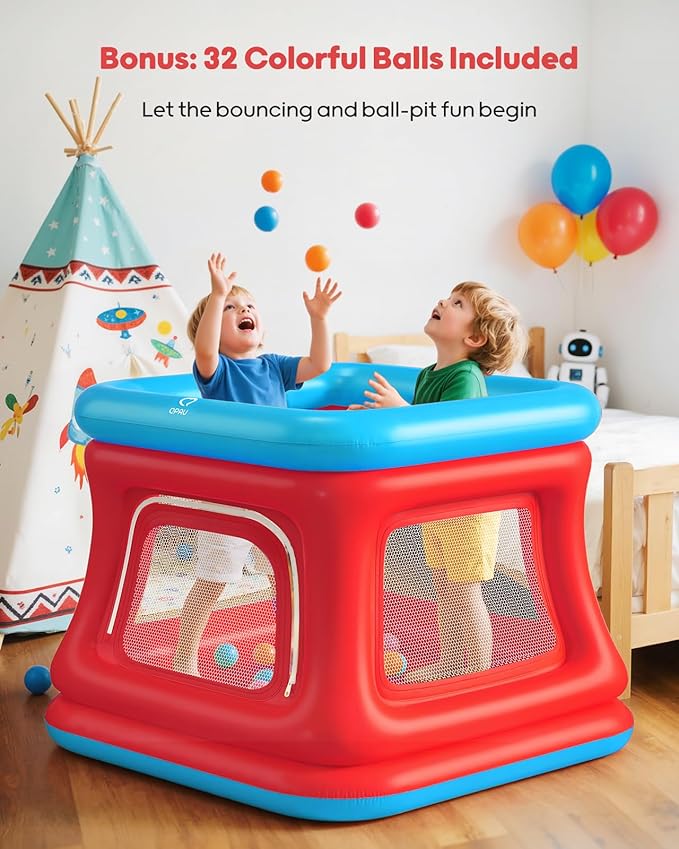 QPAU 3-in-1 Inflatable Bounce House for Toddlers 1-3, Ball Pit & Trampoline, Inflatable Bouncy House with Safety Net, Indoor & Outdoor Bubble Bouncer (Blue & Red)
