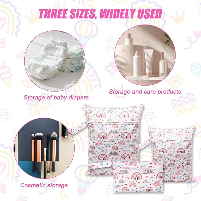 3pcs Cloth Diaper Wet Dry Bags Waterproof Reusable with Two Zippered Pockets Travel Beach Pool Daycare Soiled Baby Items Yoga Gym Bag for Swimsuits or Wet Clothes