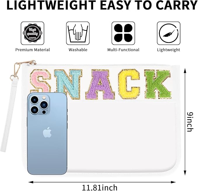 Iqimott Chenille Letter Clear Bag Snack Pouch, Monogram PVC & PU Makeup Cosmetic Bag Zipper Toiletry Pouch, Waterproof Portable Purse Travel Beach Snack Wristlet Bags for Women Girls(Snack, White)