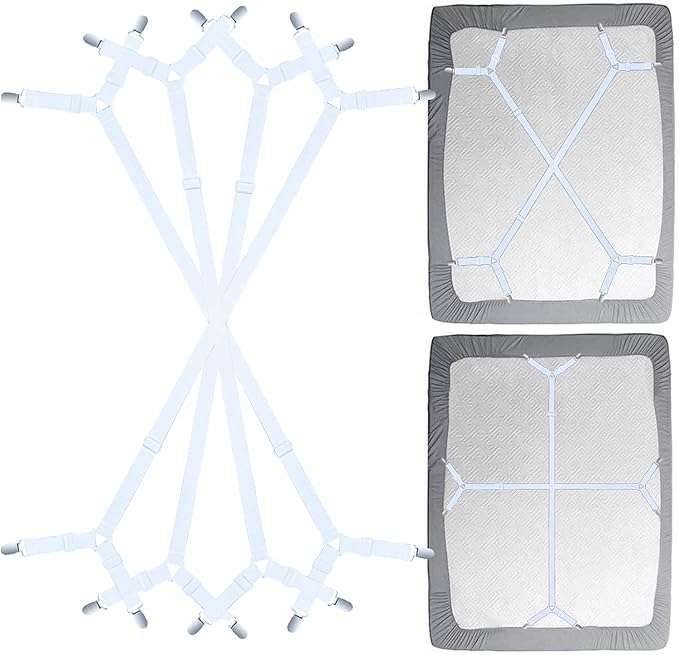 Siaomo Bed Sheet Fasteners Straps - 2 Way Adjustable Crisscross Sheet Corner Holder Straps Clips Gripper Elastic Sheet Band Suspenders Fasteners(2 Set/4Pcs, White)