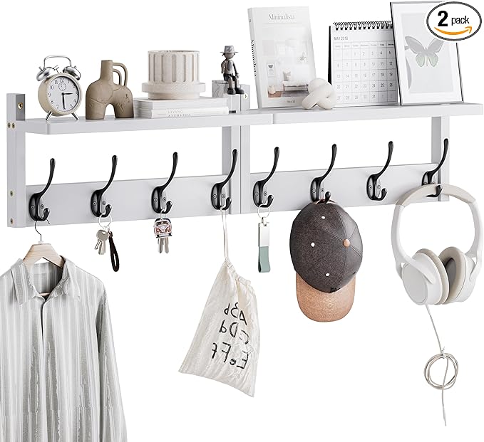 STELLSTAR Coat Rack with Shelf Wall Mount, Entryway Bamboo Hanging Shelf, Set of 2, Wall Hook Rail for Hallway Décor, Storage Clothe, Hat, Robe, Key, Dog Leash (White+Black)