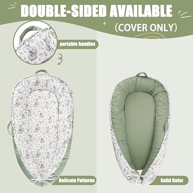 Jundetye Baby Lounger Cover for Boys Girls, Reversible Baby Nest Cover, Adjustable Baby Lounger Replaceable Cover for Infant Newborn, Portable and Machine Washable, Cotton Green Rabbit Cover