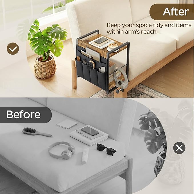 Bedside Shelf, Bunk Bed Shelf with Fabric Pockets Storage, Clip-on Loft & Bunk Bed Tray Shelf for College, Nightstand for Apartment, Sofa, Bedroom, Rustic Brown and Black ET20BR