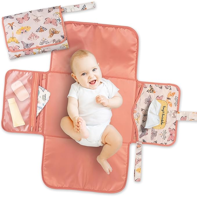 Tiny Twinkle Portable Diaper Changing Pad | Waterproof, Wipeable & Compact Baby Changing Pad for Travel | Smart Wipes Pocket & Organized Storage| Newborn Shower Gift (Flutter)