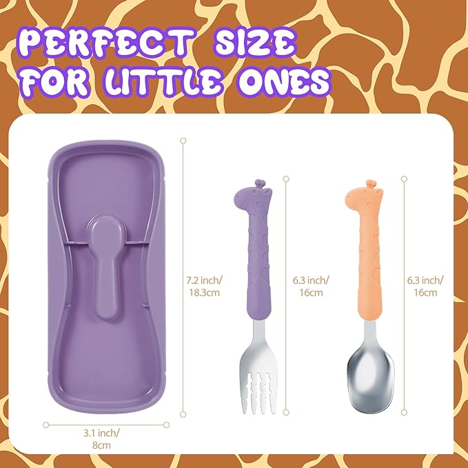 lohodo Toddler Utensils Kids Spoon and Fork Set 18/8 Stainless Steel Silverware BPA Free Pink & Purple Cute Giraffe Child Flatware with Travel Case for Age 3+