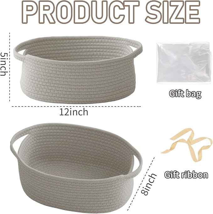 JMvicyroam Woven Basket,Small Rope Storage Bin with Handles & Ribbon Bag, Organizer for Shelves Closets,Gift Basket Empty for Birthday,Books,Dog Toys, Grey/3 Pack