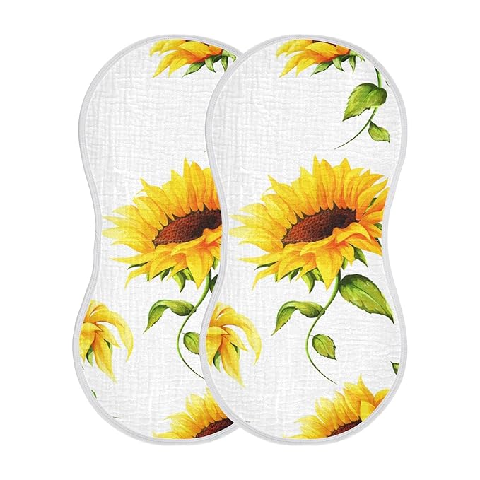Muslin Baby Burp Cloths Set of 2, Soft Absorbent Big Sunflower Muslin Washcloths, Bibs, Face Towel for Newborn Boys Girls, 22 x 11 Inch